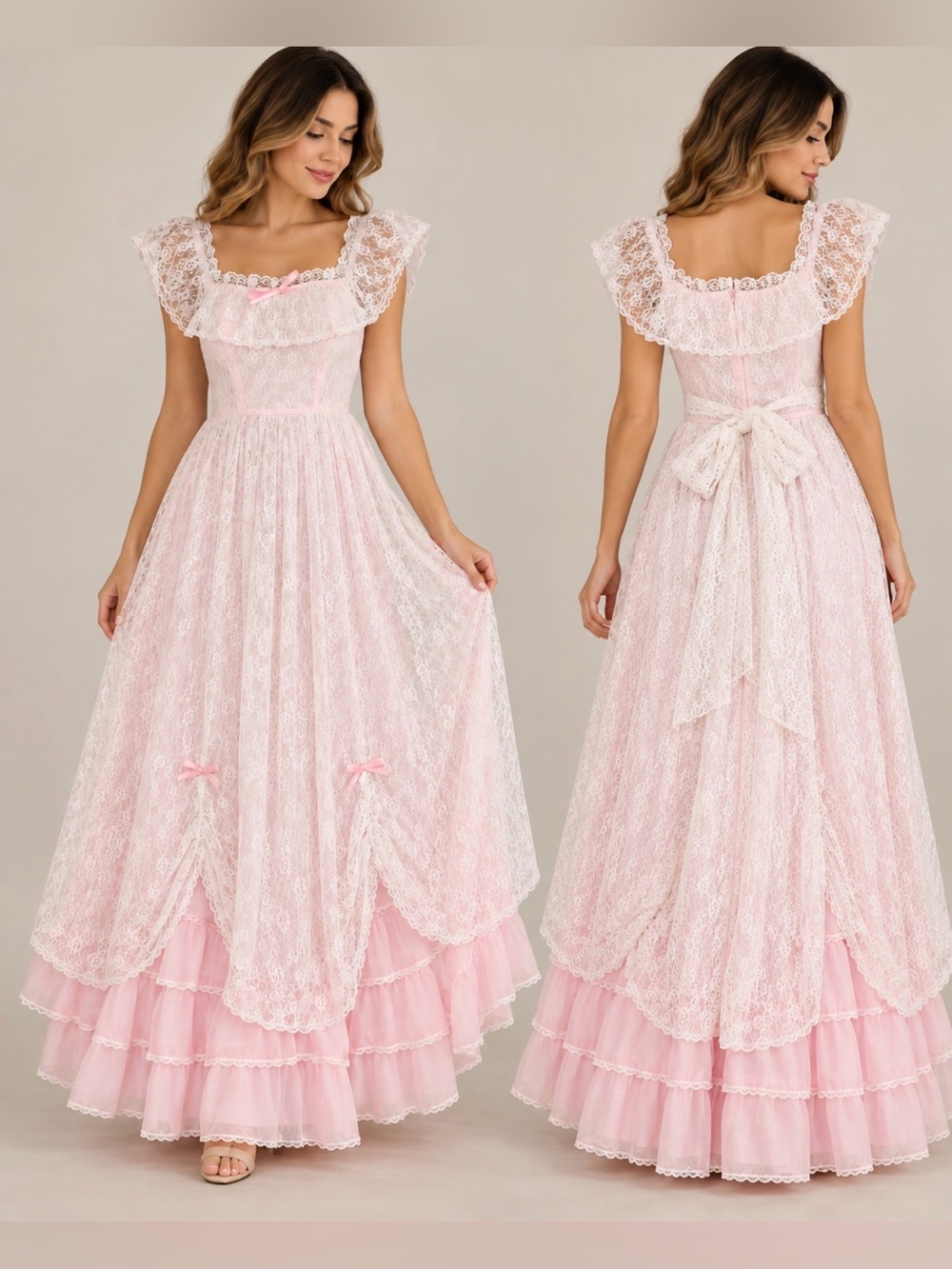 🌸✨ Vintage Roberta California Pink White Lace Prairie Maxi Dress 🎀💗